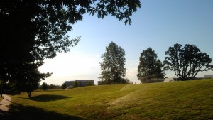 Summer sunshine, and in the distance thunder clouds on the horizon, invisible to the camera's eye.