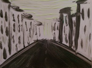 "Daytime in the Nightmare City" 8" x 10" acrylic on canvas with glow, glitter, and micaceous iron oxide. 2014