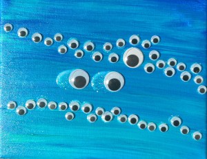 "Carried Away by Opinion" 8" x 10" acrylic on canvas w/glow, glitter, and googly eyes.