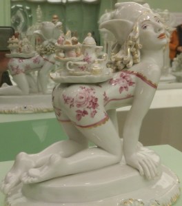 Whimsical porcelain figurine; Meissen on display at the Portland Art Museum.
