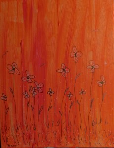 "Sunset Meadow" acrylic on canvas w/pen&ink, gold, and glow 11" x 14" 2015