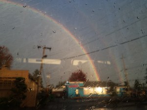 This is not actually a picture of a rainbow filling a building with gold, however much it may appear so.